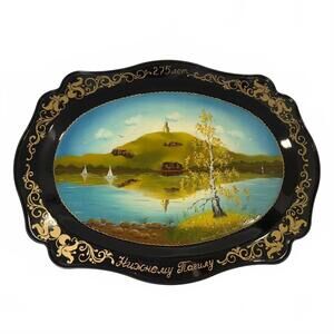 Vintage Signed Russian Nizhny Tagil Lacquer Metal Tray Hand Painted Folk Art